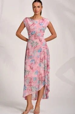 Asymmetric Draped Mesh Maxi Dress, Pink Floral