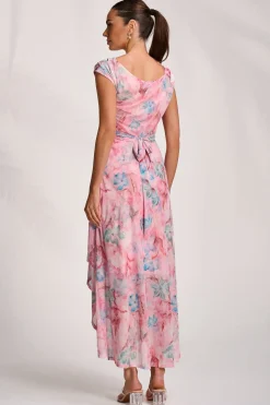 Asymmetric Draped Mesh Maxi Dress, Pink Floral
