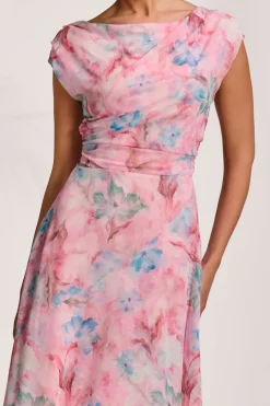 Asymmetric Draped Mesh Maxi Dress, Pink Floral