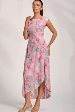 Asymmetric Draped Mesh Maxi Dress, Pink Floral