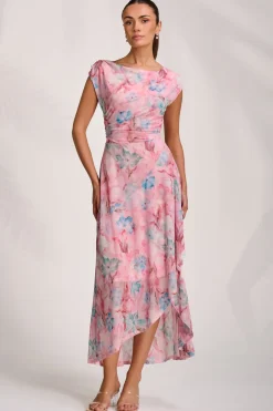 Asymmetric Draped Mesh Maxi Dress, Pink Floral