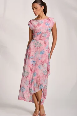 Asymmetric Draped Mesh Maxi Dress, Pink Floral