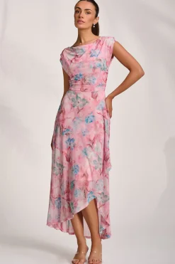 Asymmetric Draped Mesh Maxi Dress, Pink Floral