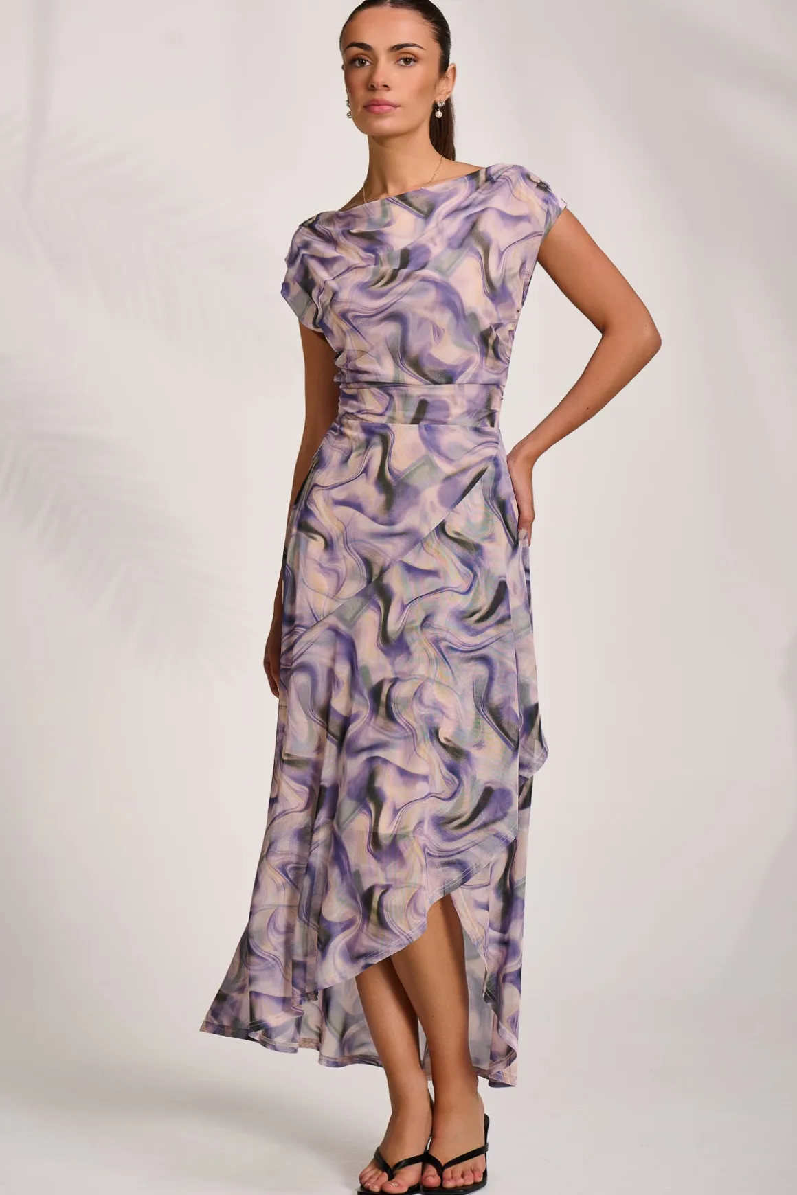 Asymmetric Draped Mesh Maxi Dress, Purple Abstract