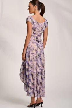 Asymmetric Draped Mesh Maxi Dress, Purple Abstract