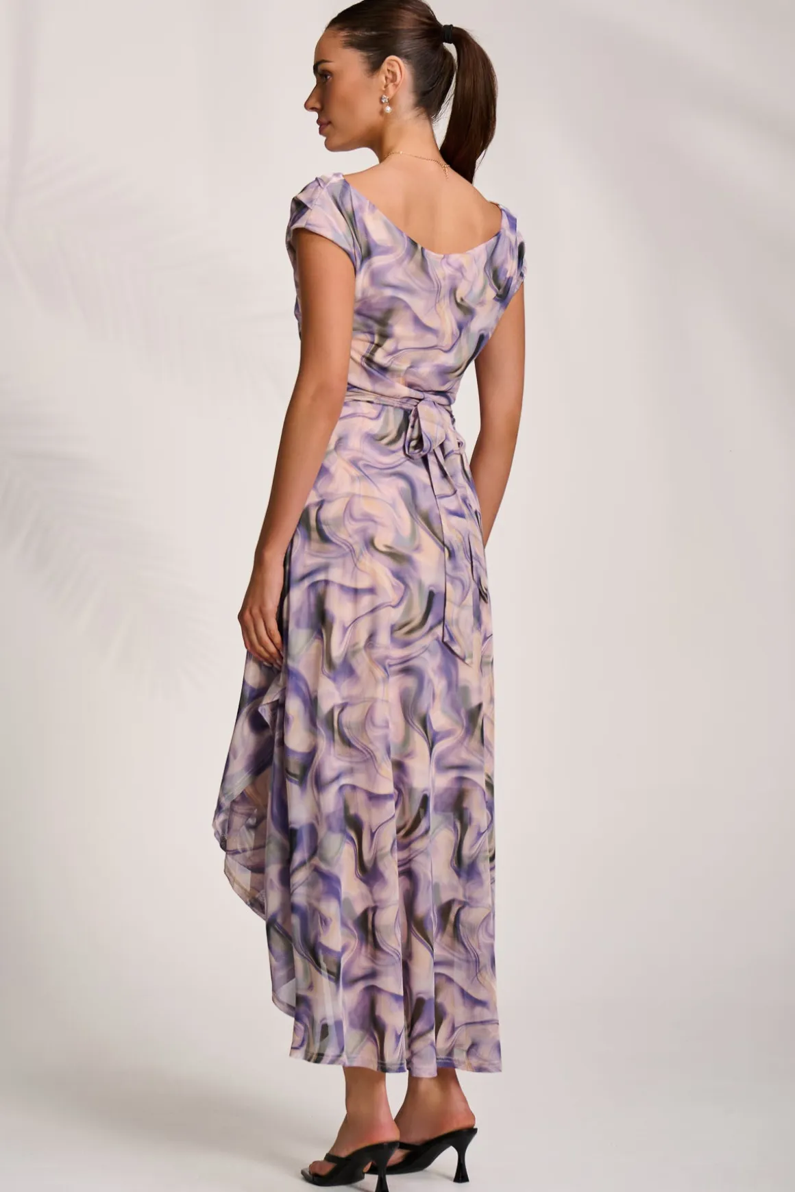 Asymmetric Draped Mesh Maxi Dress, Purple Abstract