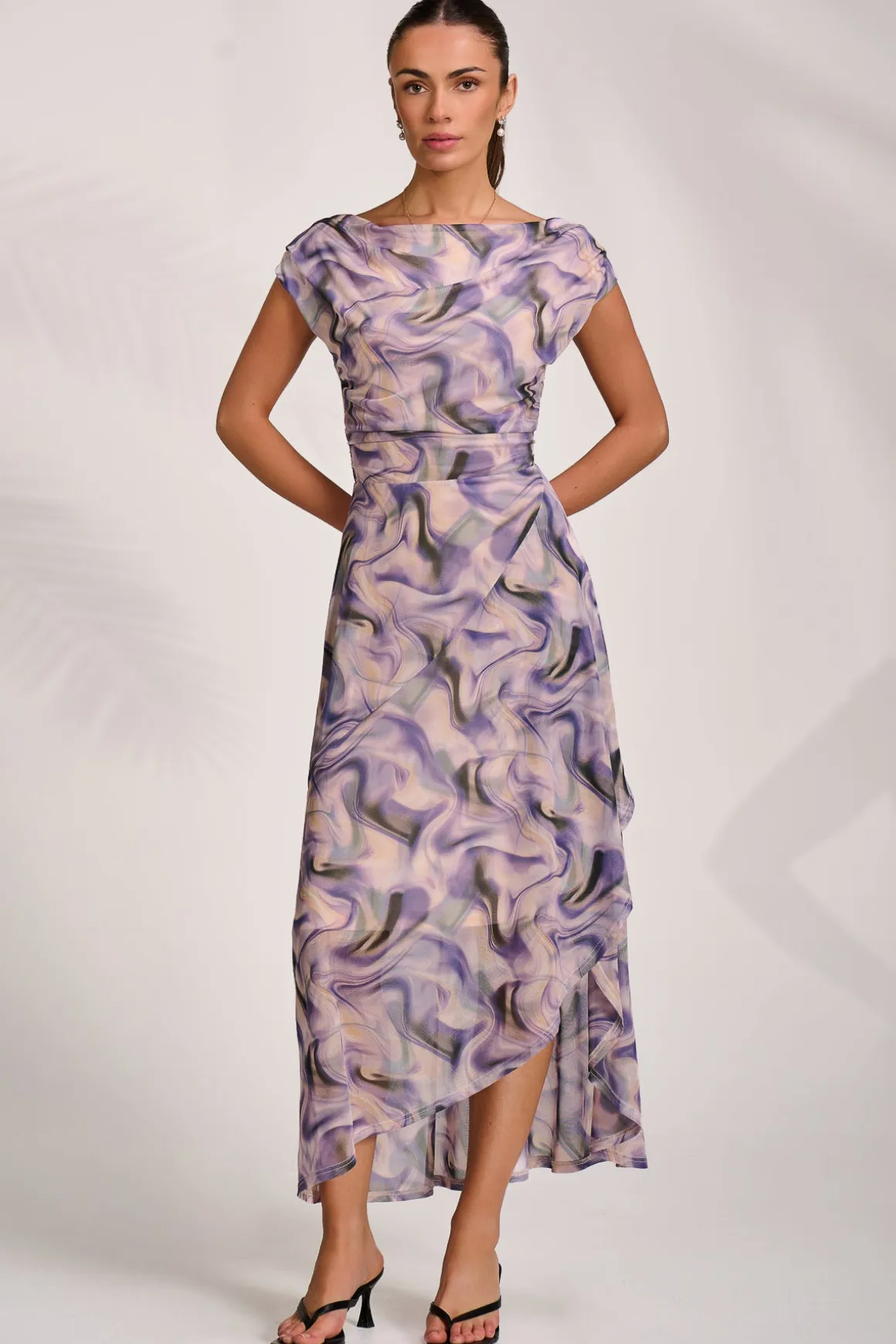 Asymmetric Draped Mesh Maxi Dress, Purple Abstract