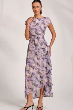 Asymmetric Draped Mesh Maxi Dress, Purple Abstract