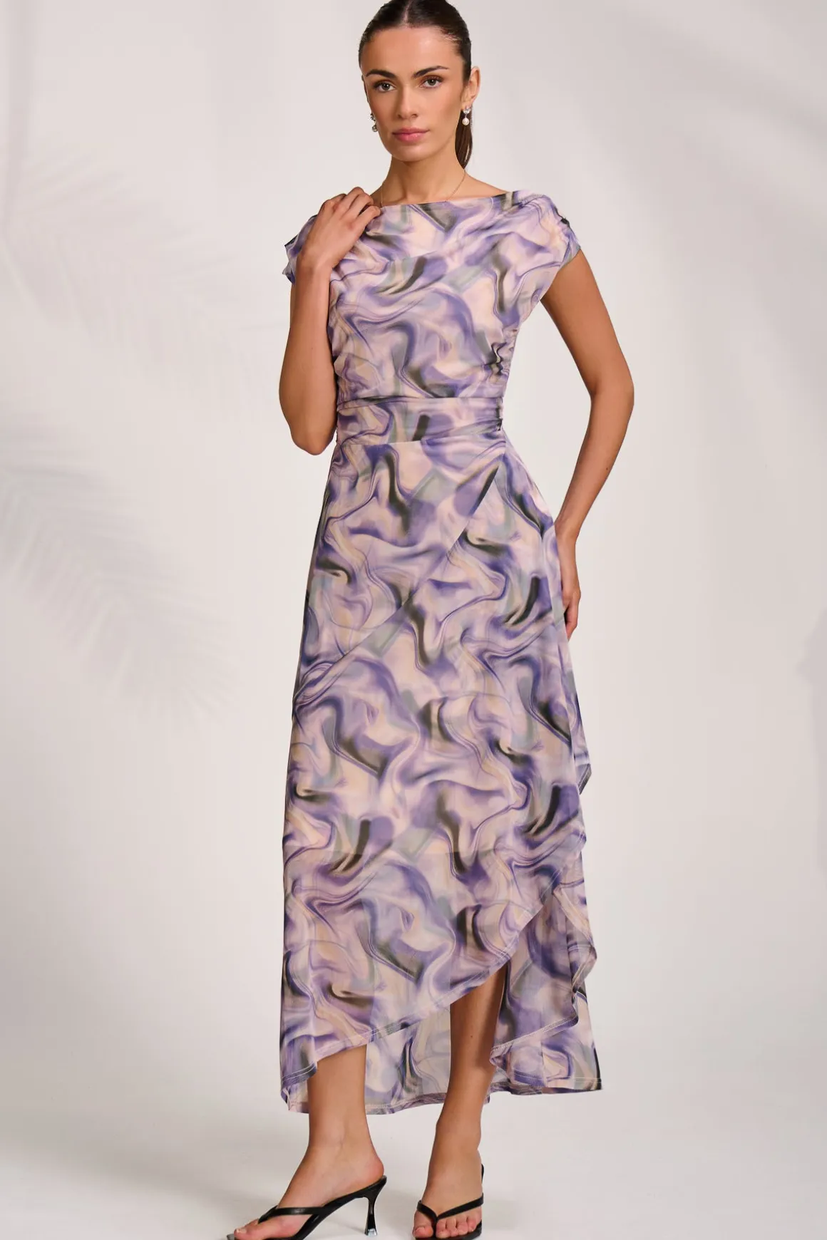 Asymmetric Draped Mesh Maxi Dress, Purple Abstract