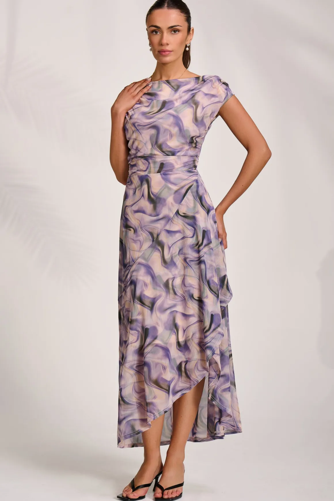 Asymmetric Draped Mesh Maxi Dress, Purple Abstract