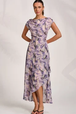 Asymmetric Draped Mesh Maxi Dress, Purple Abstract