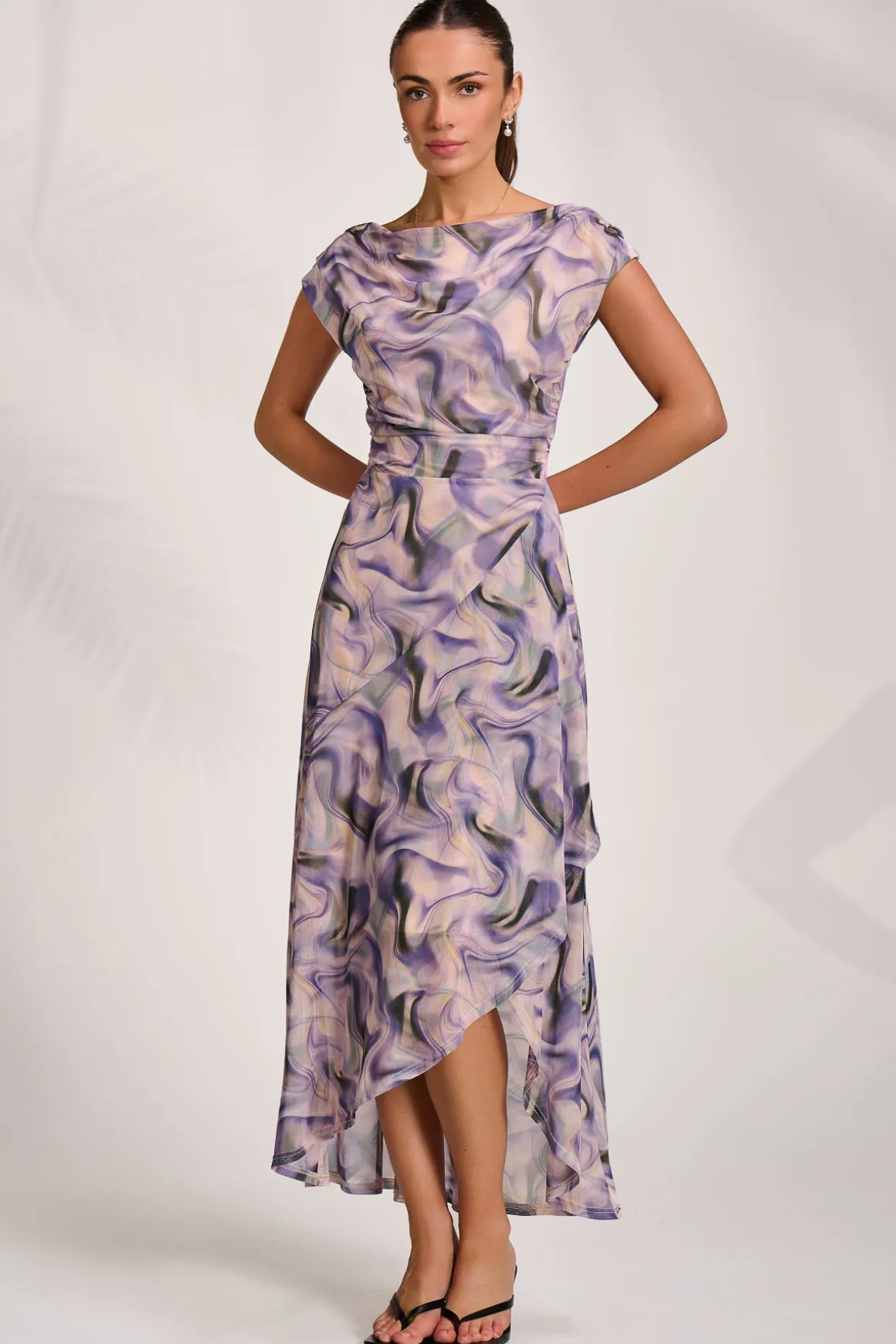 Asymmetric Draped Mesh Maxi Dress, Purple Abstract