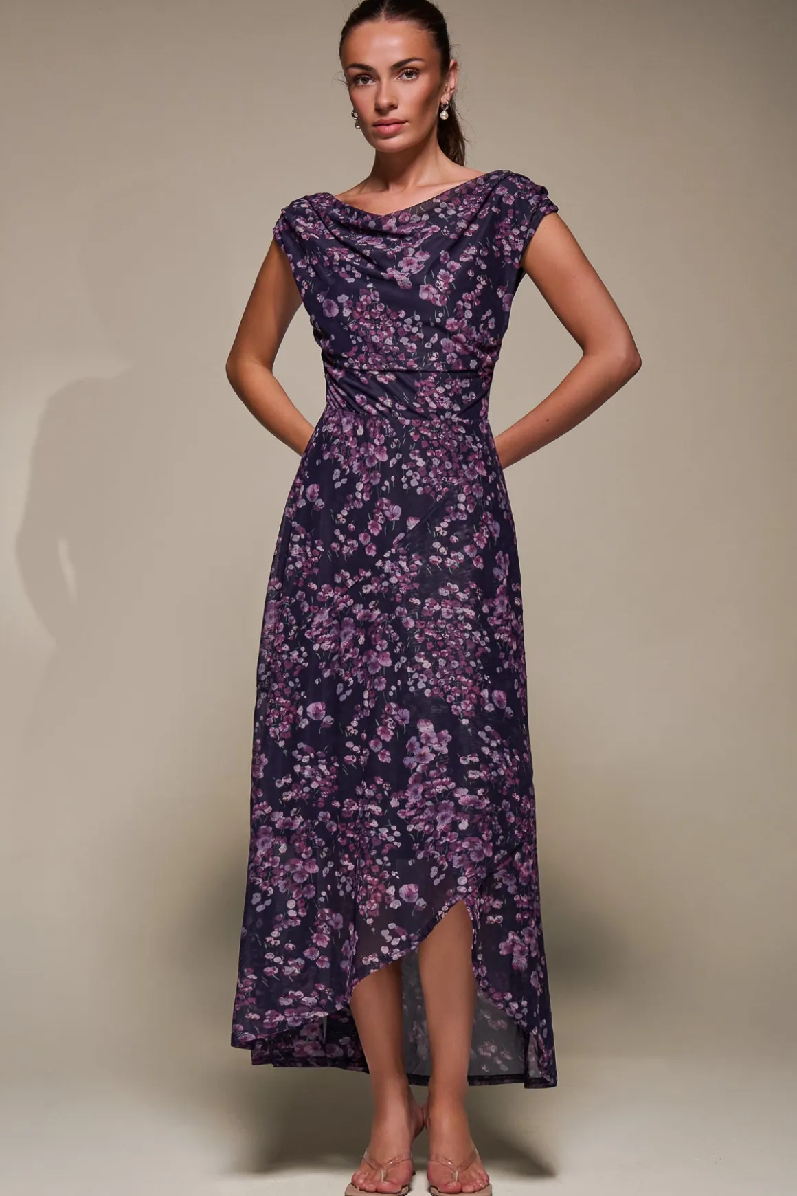 Asymmetric Draped Mesh Maxi Dress, Purple Floral
