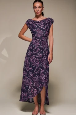 Asymmetric Draped Mesh Maxi Dress, Purple Floral