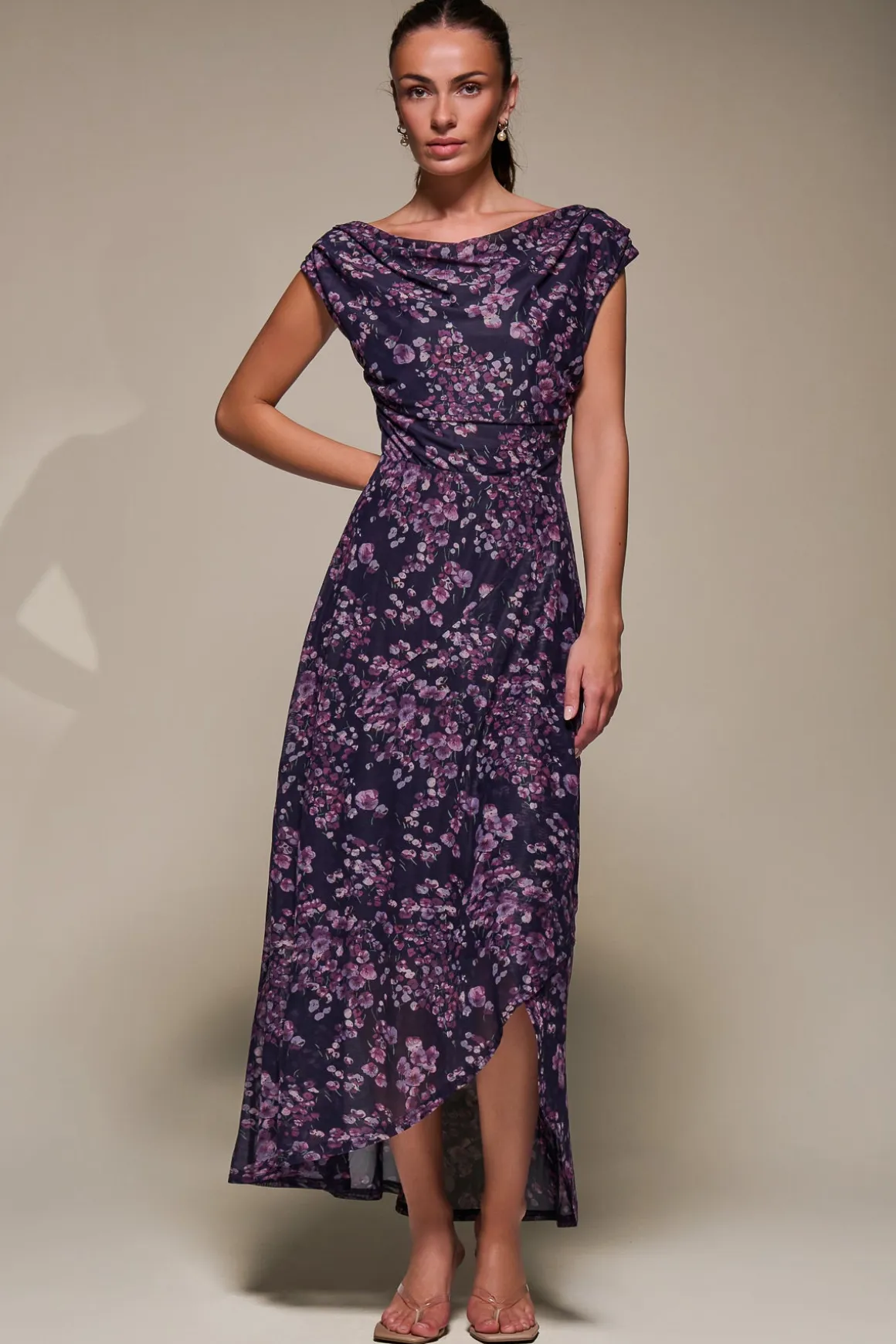 Asymmetric Draped Mesh Maxi Dress, Purple Floral