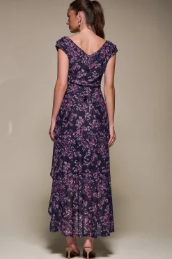 Asymmetric Draped Mesh Maxi Dress, Purple Floral
