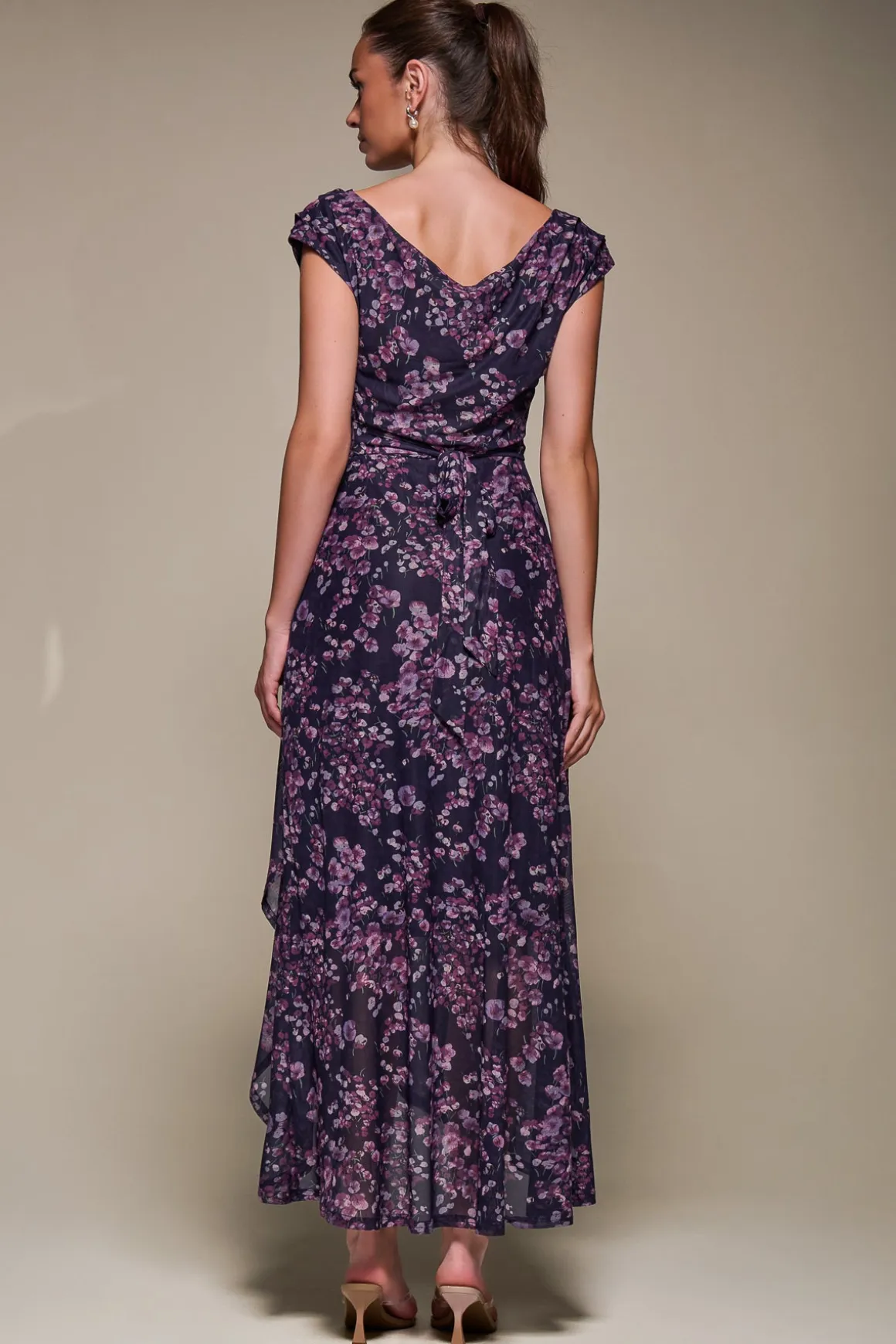 Asymmetric Draped Mesh Maxi Dress, Purple Floral