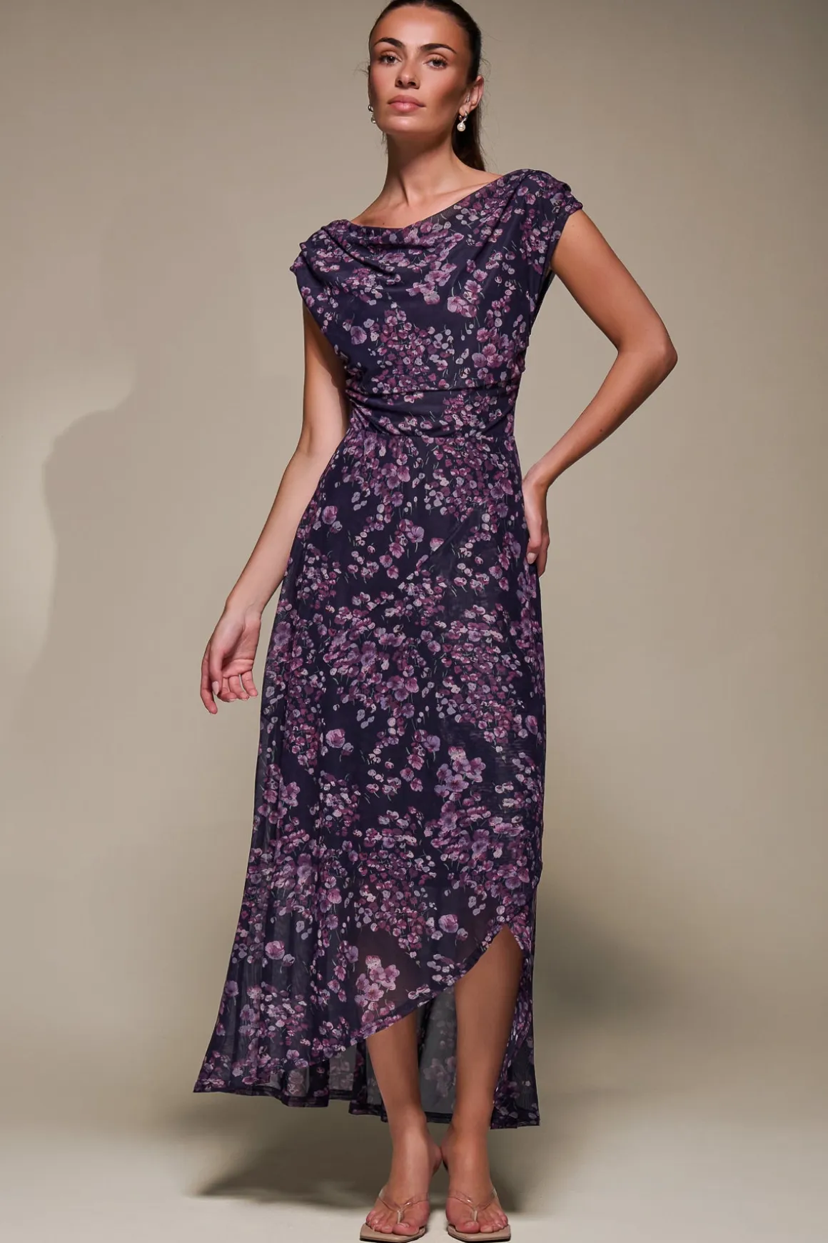 Asymmetric Draped Mesh Maxi Dress, Purple Floral