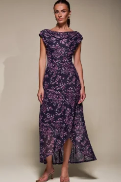 Asymmetric Draped Mesh Maxi Dress, Purple Floral