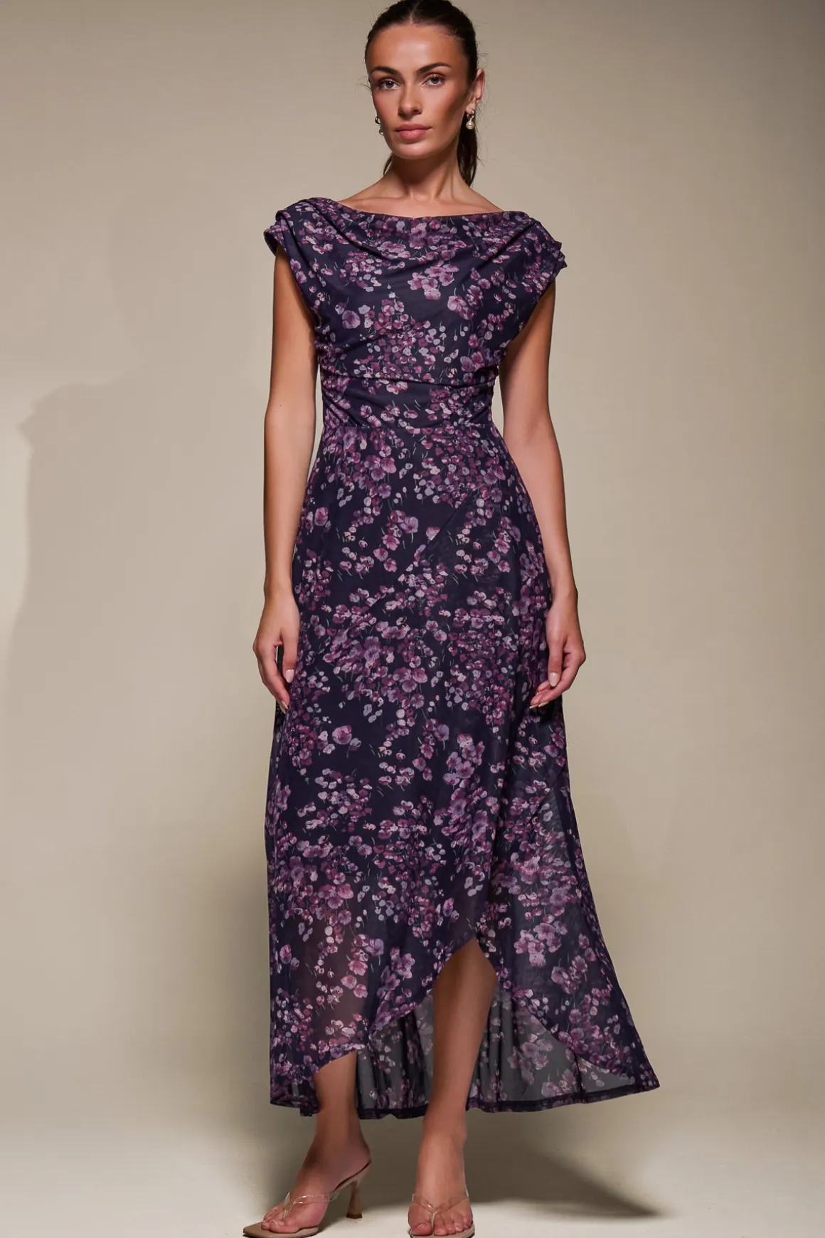 Asymmetric Draped Mesh Maxi Dress, Purple Floral