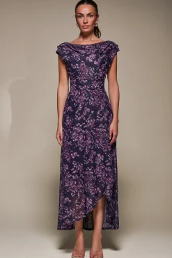 Asymmetric Draped Mesh Maxi Dress, Purple Floral
