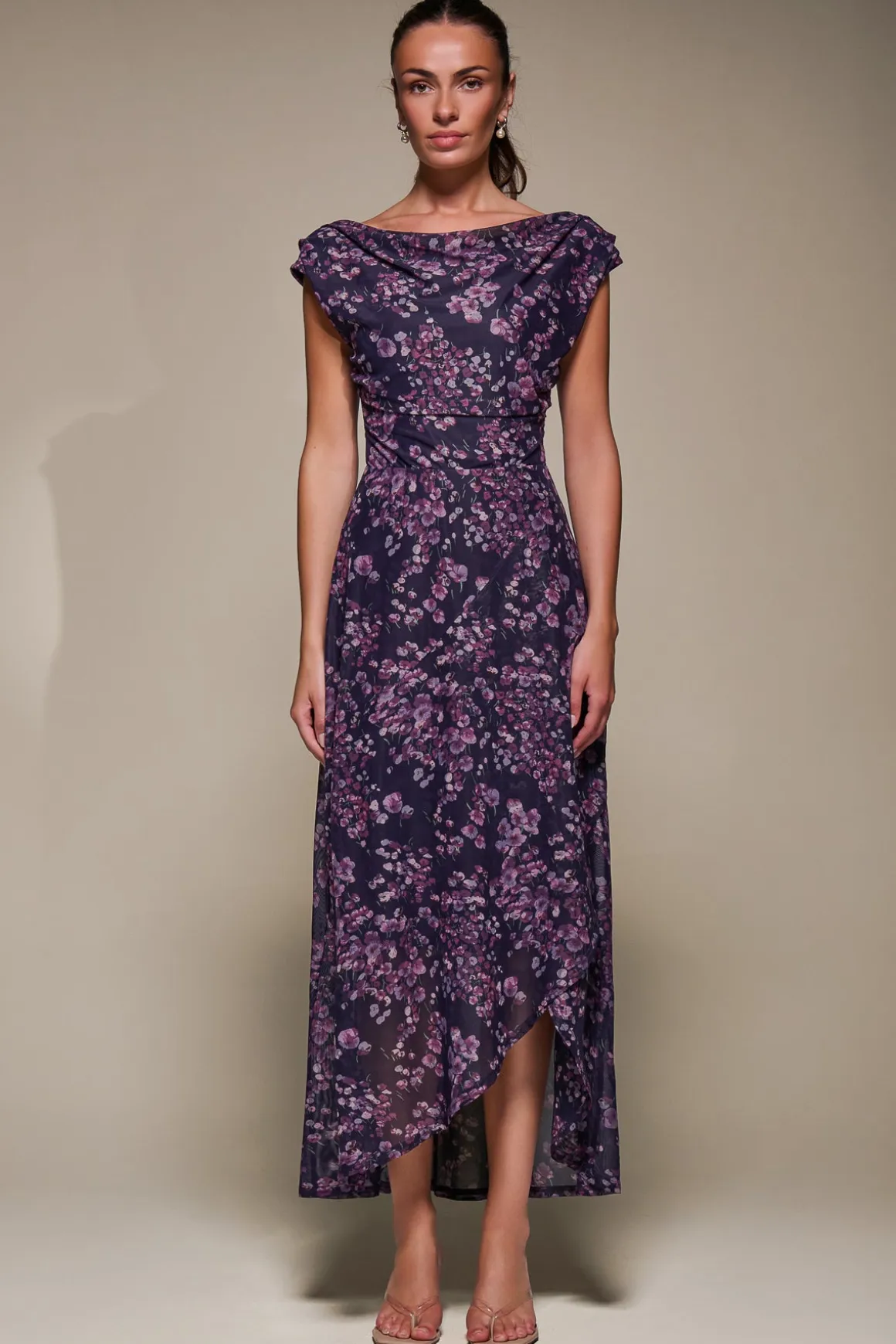Asymmetric Draped Mesh Maxi Dress, Purple Floral