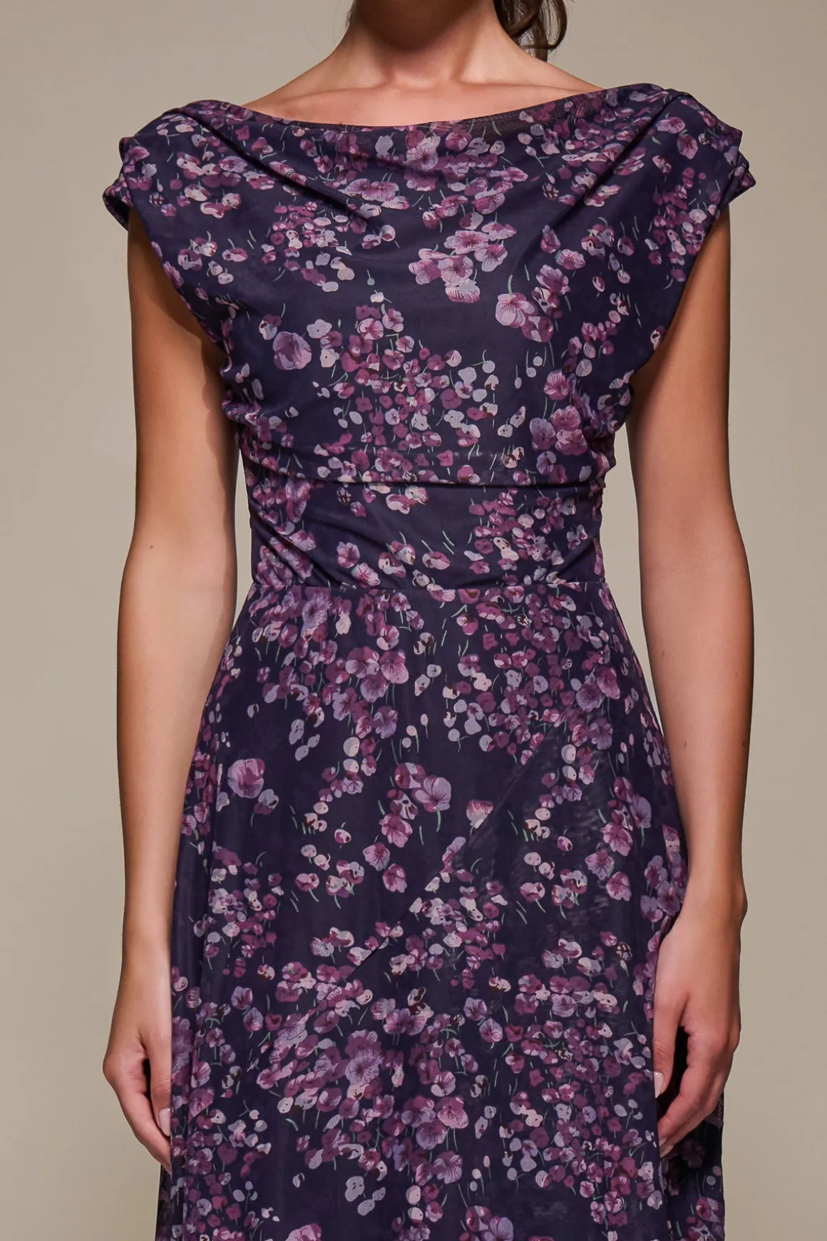 Asymmetric Draped Mesh Maxi Dress, Purple Floral