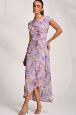 Asymmetric Draped Mesh Maxi Dress, Purple Floral