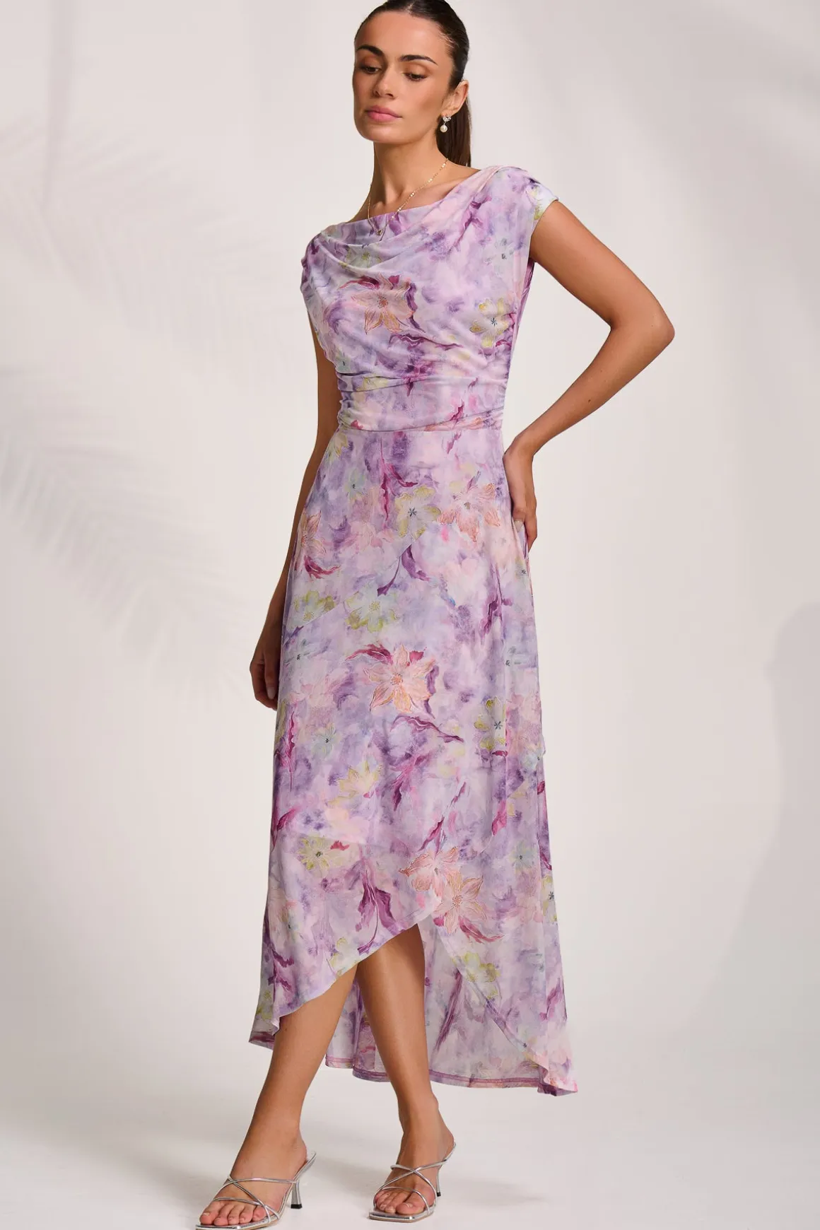 Asymmetric Draped Mesh Maxi Dress, Purple Floral