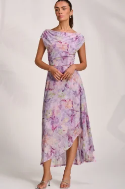 Asymmetric Draped Mesh Maxi Dress, Purple Floral