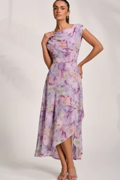 Asymmetric Draped Mesh Maxi Dress, Purple Floral