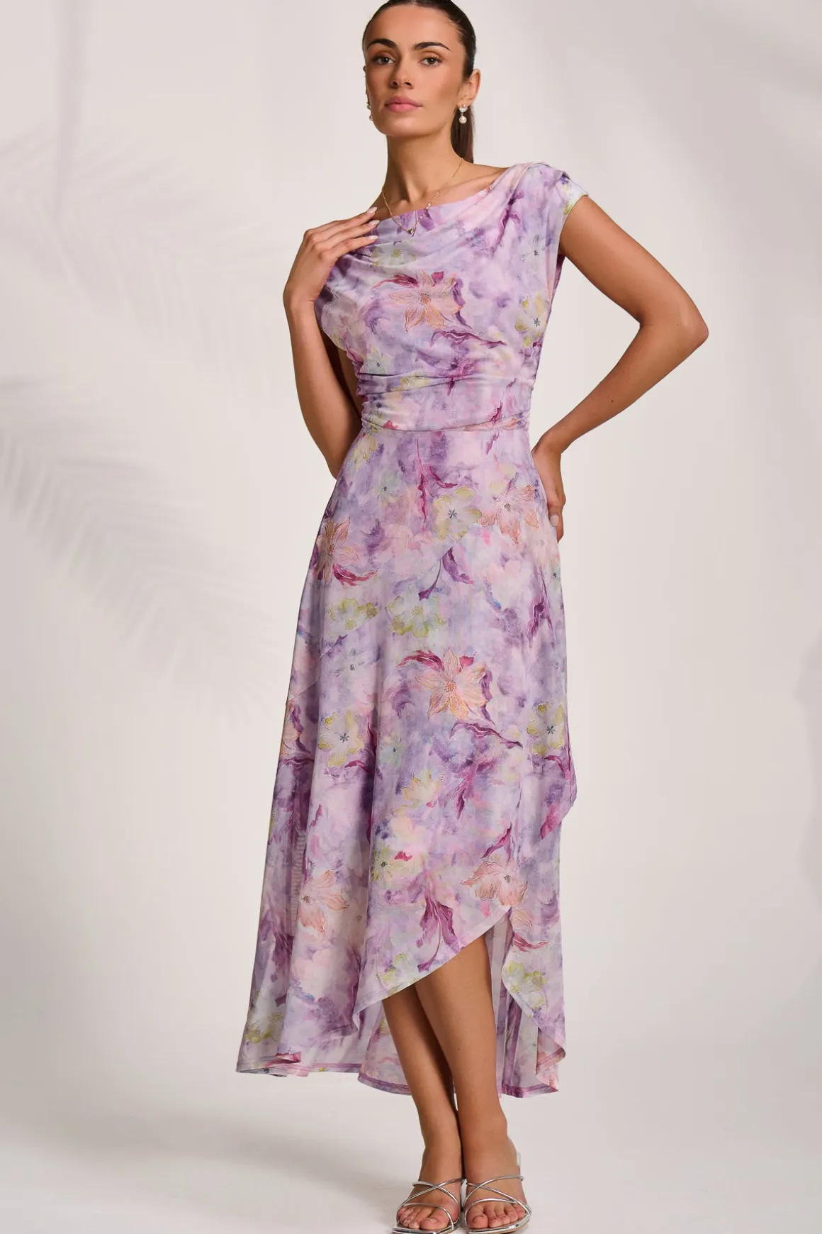 Asymmetric Draped Mesh Maxi Dress, Purple Floral