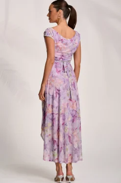 Asymmetric Draped Mesh Maxi Dress, Purple Floral