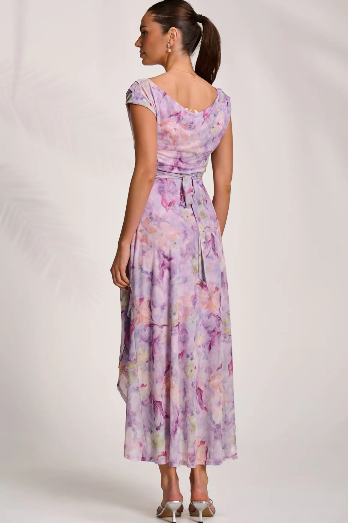 Asymmetric Draped Mesh Maxi Dress, Purple Floral
