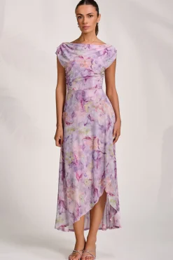 Asymmetric Draped Mesh Maxi Dress, Purple Floral
