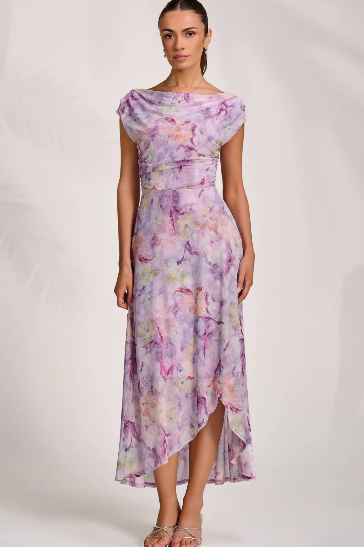Asymmetric Draped Mesh Maxi Dress, Purple Floral
