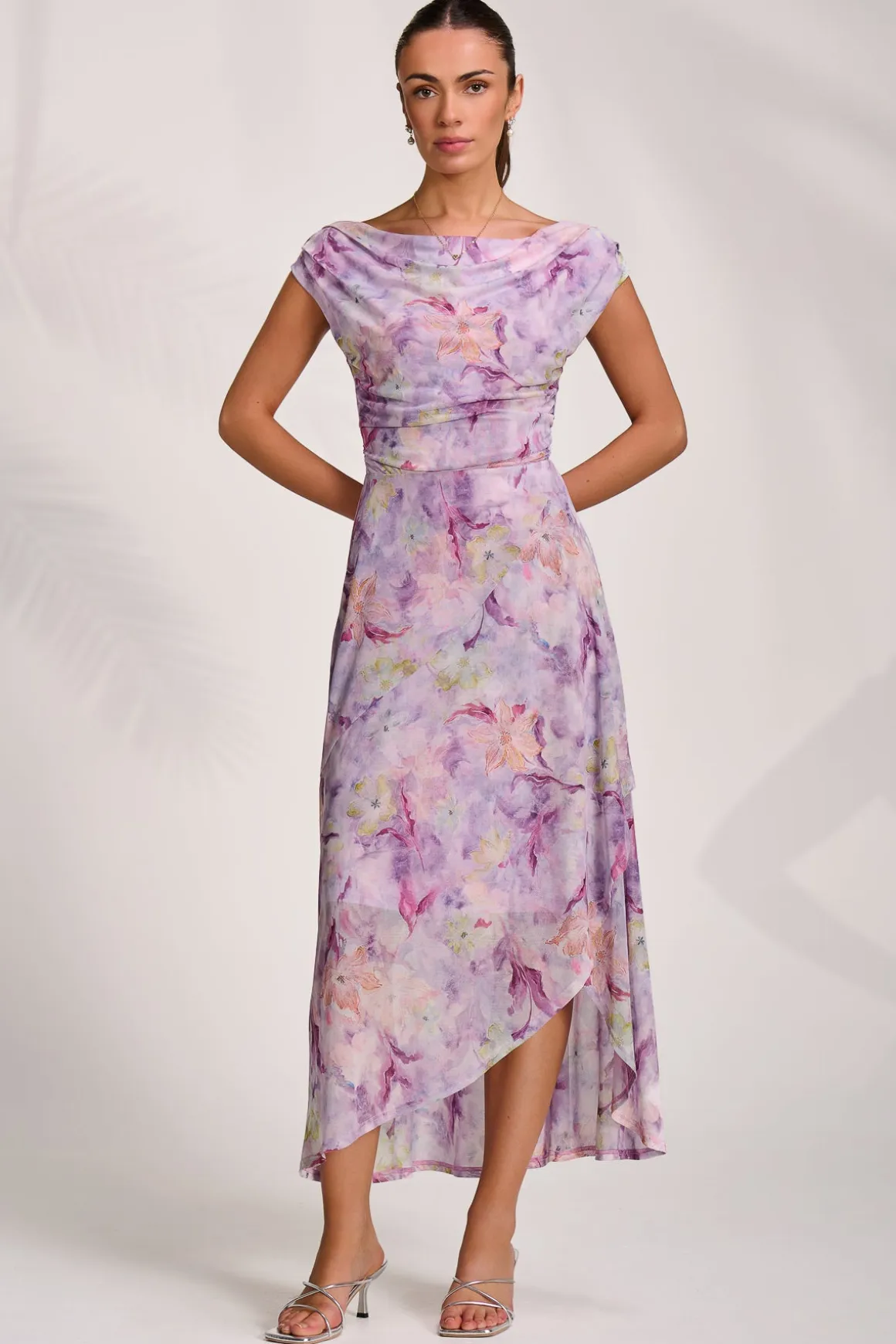Asymmetric Draped Mesh Maxi Dress, Purple Floral