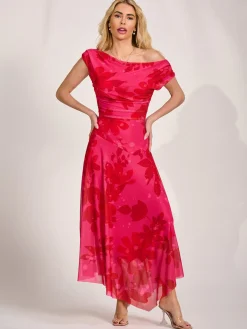 Asymmetric Draped Mesh Maxi Dress, Red Floral