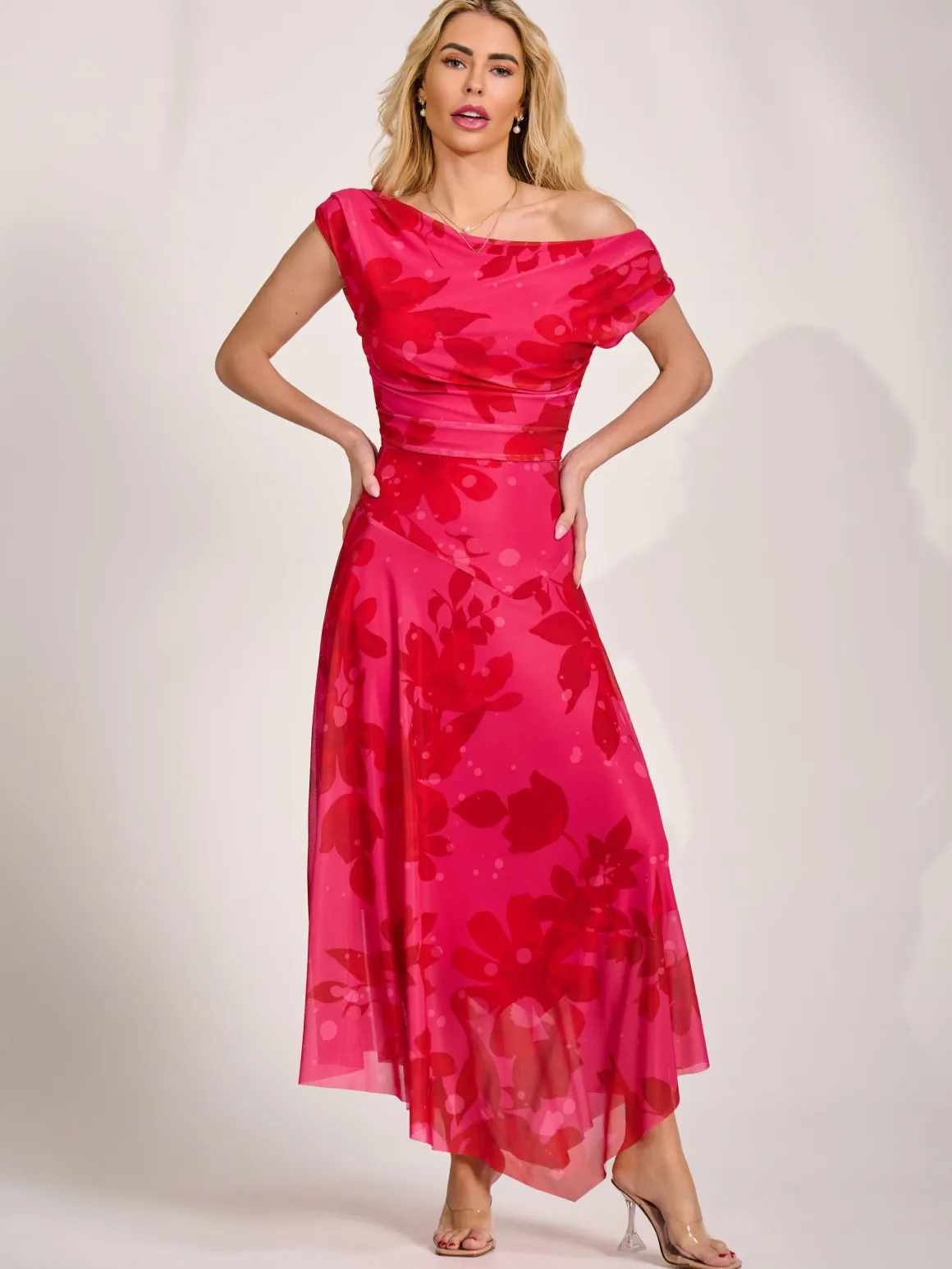 Asymmetric Draped Mesh Maxi Dress, Red Floral