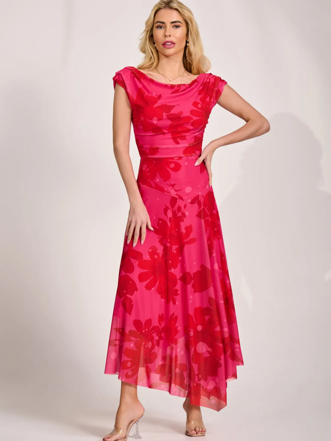 Asymmetric Draped Mesh Maxi Dress, Red Floral