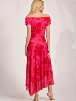 Asymmetric Draped Mesh Maxi Dress, Red Floral