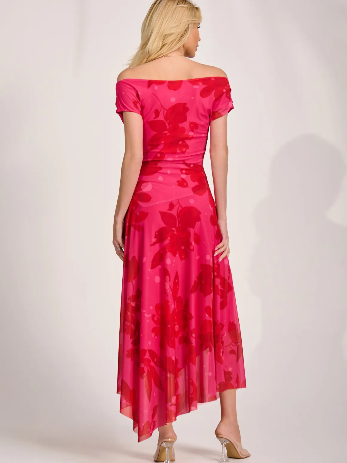 Asymmetric Draped Mesh Maxi Dress, Red Floral
