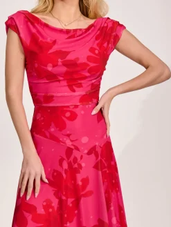 Asymmetric Draped Mesh Maxi Dress, Red Floral