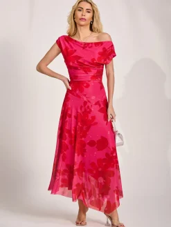 Asymmetric Draped Mesh Maxi Dress, Red Floral
