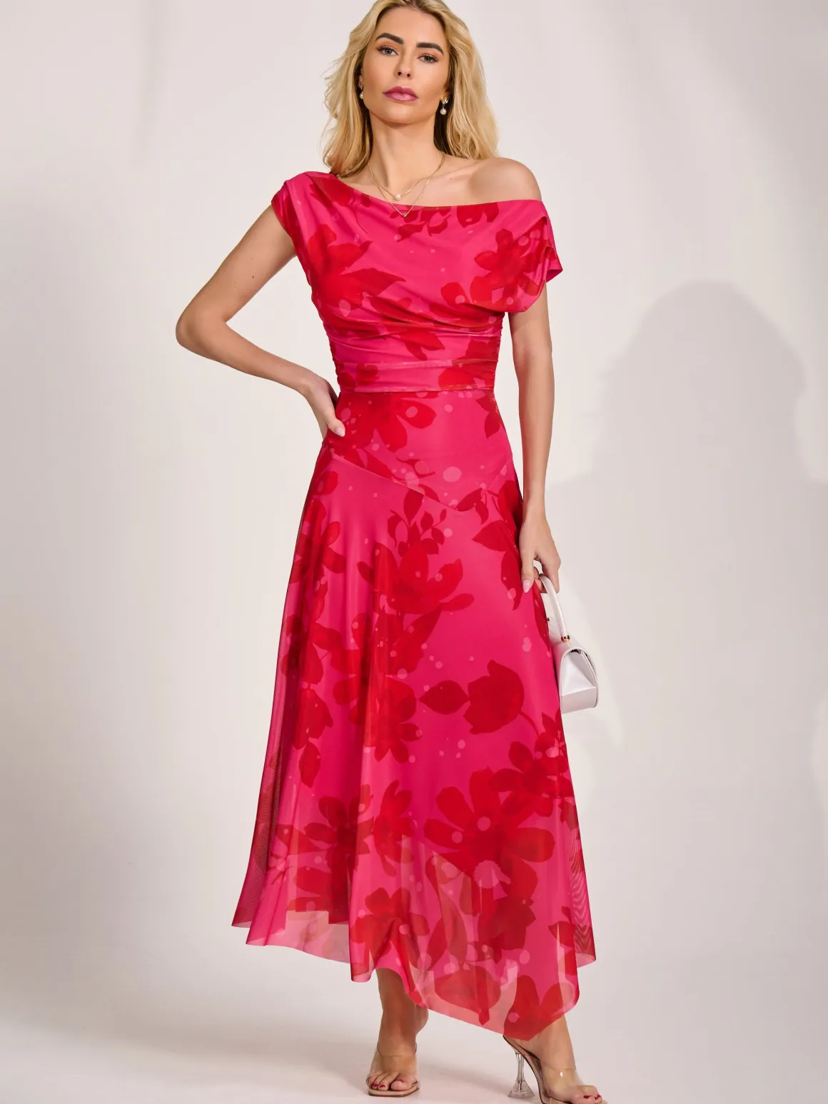 Asymmetric Draped Mesh Maxi Dress, Red Floral