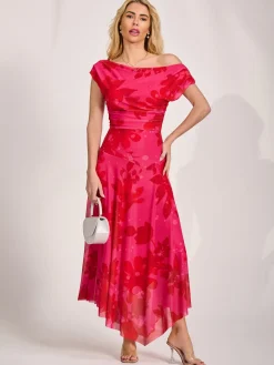 Asymmetric Draped Mesh Maxi Dress, Red Floral