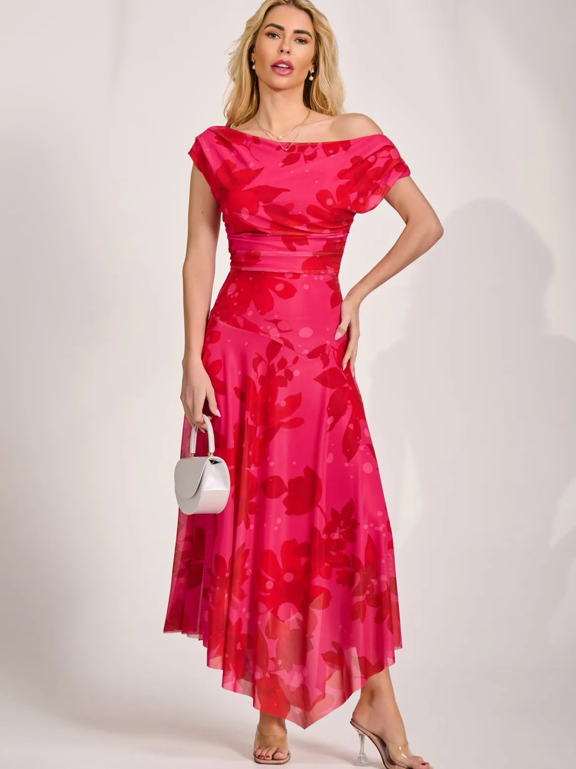 Asymmetric Draped Mesh Maxi Dress, Red Floral
