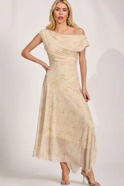 Asymmetric Draped Mesh Maxi Dress, Yellow Check