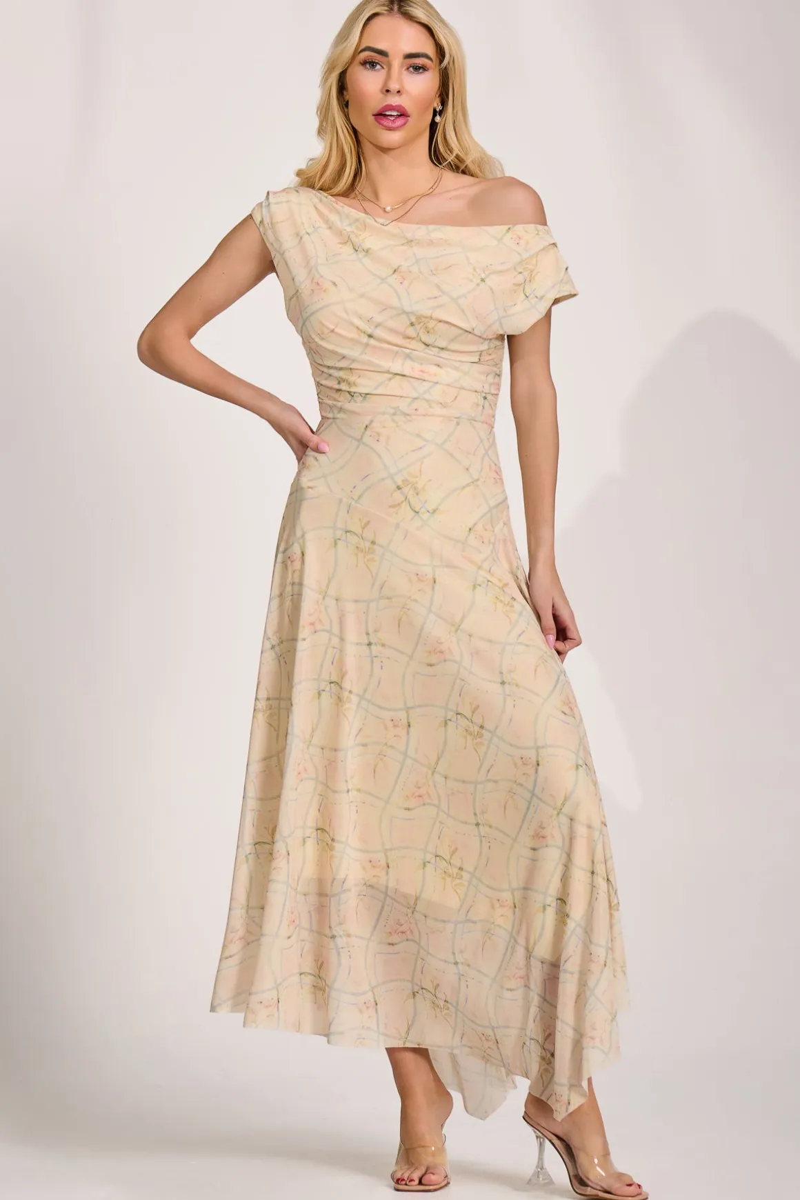 Asymmetric Draped Mesh Maxi Dress, Yellow Check