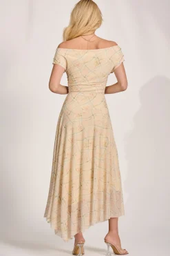 Asymmetric Draped Mesh Maxi Dress, Yellow Check